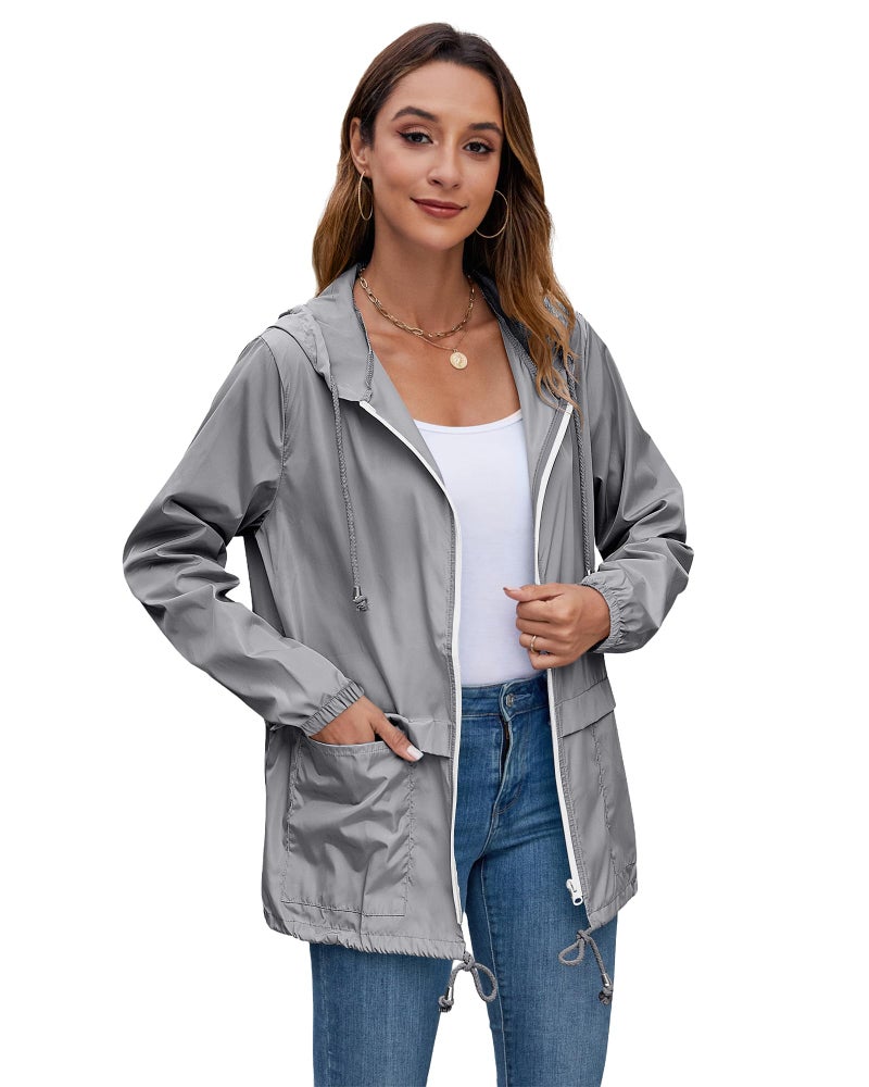 Hount Women's Lightweight Hooded Windbreaker Waterproof Packable Active Outdoor Rain Jacket (L, Gray) - Image 2